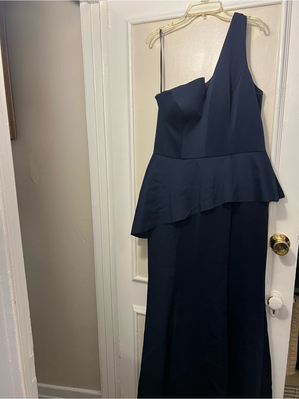Adam One-Shoulder Navy Peplum Gown